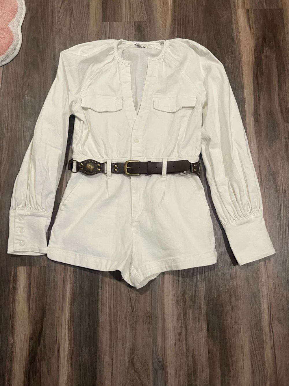 Fashion Nova White Long-Sleeve Romper with Brown Belt